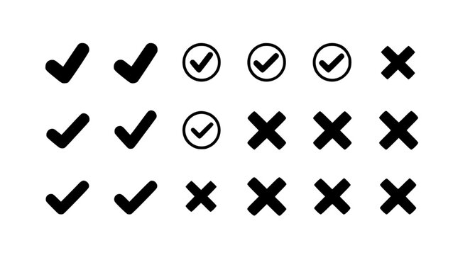 Check mark and cross icons set with green success and red error UI symbols flat vector isolated on white
