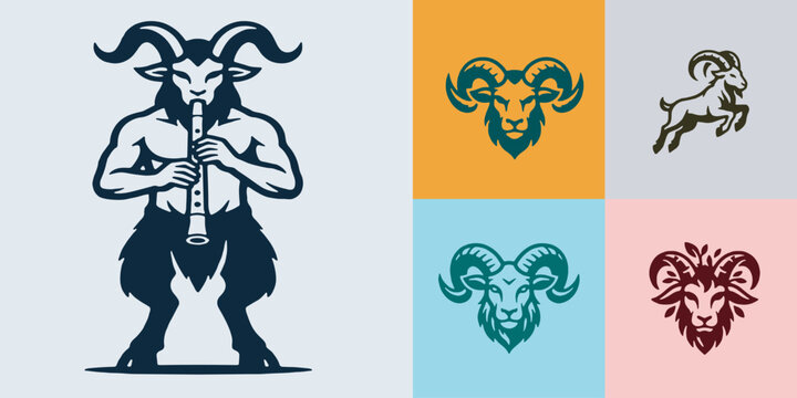 Collection of stylized goat and ram illustrations, including a mythical satyr playing a flute and various head designs.