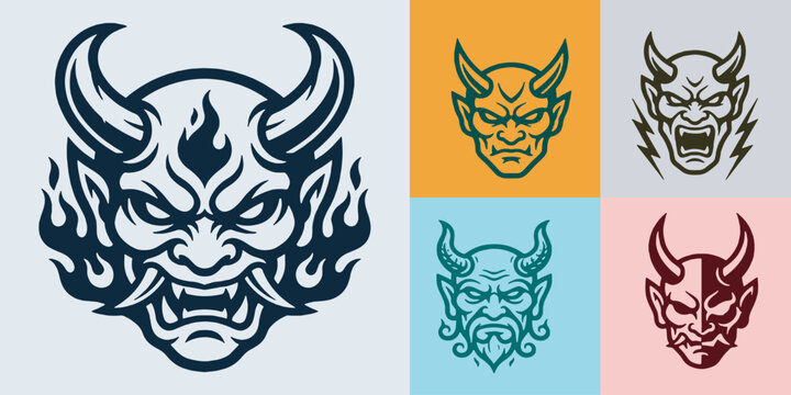 Collection of stylized demon masks with horns and fierce expressions, representing evil and mythology.