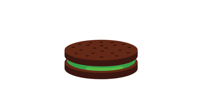 A single, dark brown sandwich cookie with a bright green cream filling is centered on a plain white background.