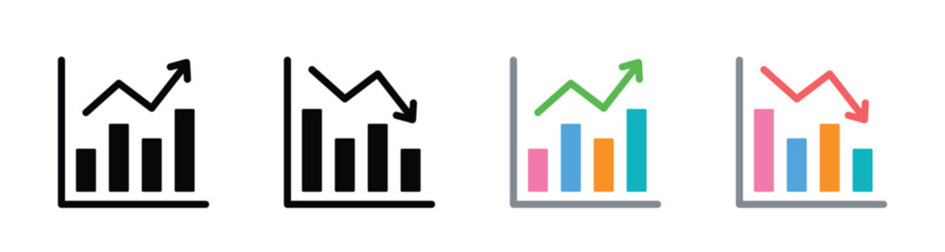 Business growth and decline chart icon set with bar graph and arrow. analytics, finance and statistics symbol. Transparent PNG and vector