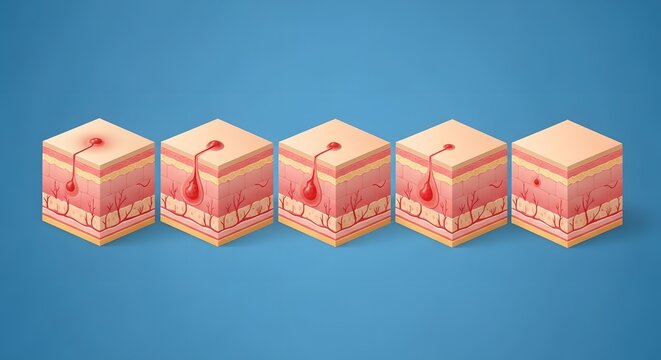 Five sequential isometric diagrams illustrate the progression of a skin pore blockage leading to inflammation in a magnified tissue cross-section.