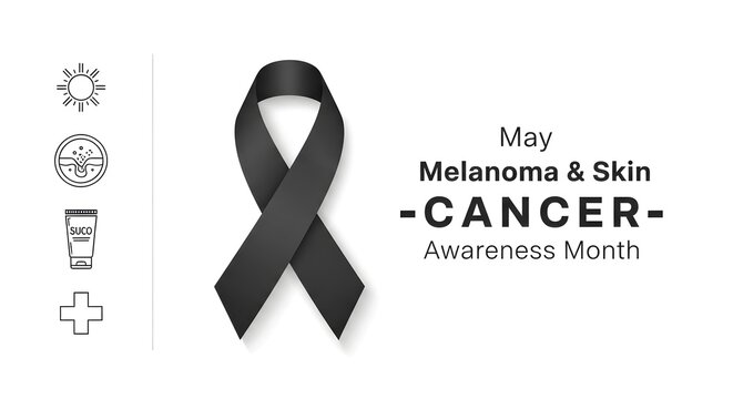 Black awareness ribbon for melanoma and skin cancer awareness month with medical icons.