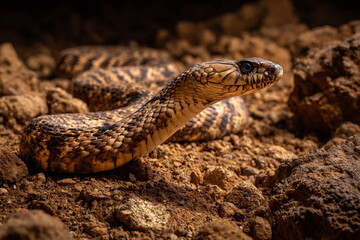 Fototapeta premium king cobra coiled in rocky desert spiral pattern, venomous snake camouflaged on rugged arid terrain at golden hour, detailed king cobra with intricate scales resting on dry rocky ground