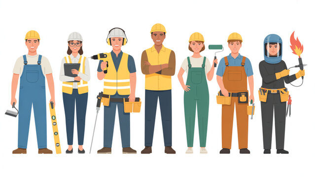 Diverse group of construction workers standing together in uniform attire