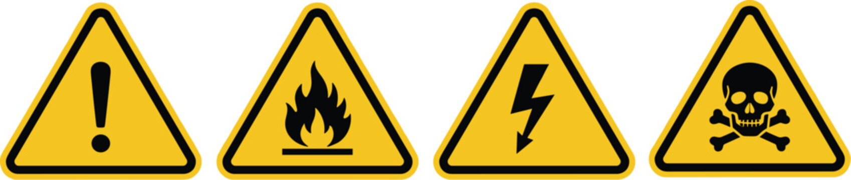 A series of four triangular warning signs with black symbols on a bright yellow background indicating potential hazards high quality professional detailed modern