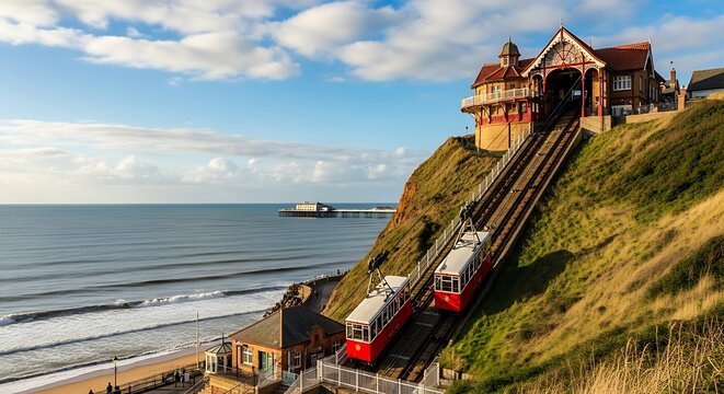 Scenic coastal railway with red carriages and ocean view.