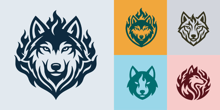 Collection of stylized wolf head logos with fiery elements, representing power and intensity.