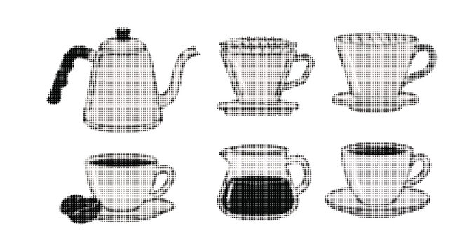 Halftone style coffee and tea drinkware set with teapot cups and jugs isolated on white background