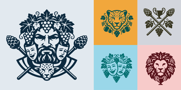 Collection of stylized emblems featuring mythological figures, animals, and theatrical masks.