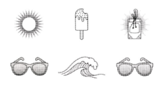 Halftone style summer icons including sun sunglasses and ice cream