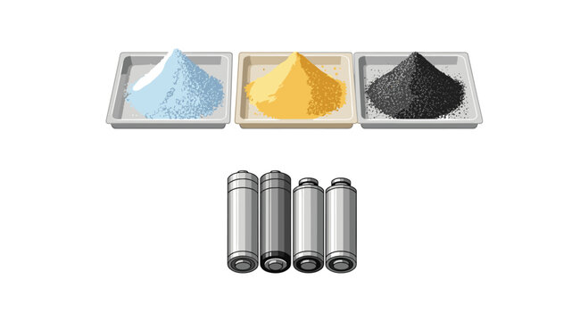 Three square trays holding piles of light blue, yellow, and dark grey powders are shown above four cylindrical batteries on a white background.