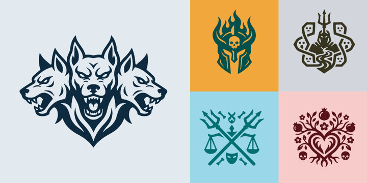 Collection of five distinct graphic design logos featuring mythical creatures and symbolic elements.