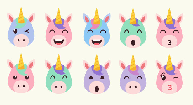 Colorful cartoon unicorn face emojis.