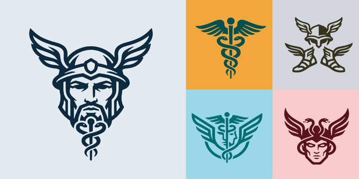 Collection of Greek Mythology Symbols and Icons Featuring Caduceus and Winged Helmets.