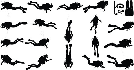 Scuba diver silhouettes set with underwater swimmers, snorkeling gear, oxygen tanks, and flippers for sea exploration, diving school, and ocean adventure vector illustration © MdAzizulHaque