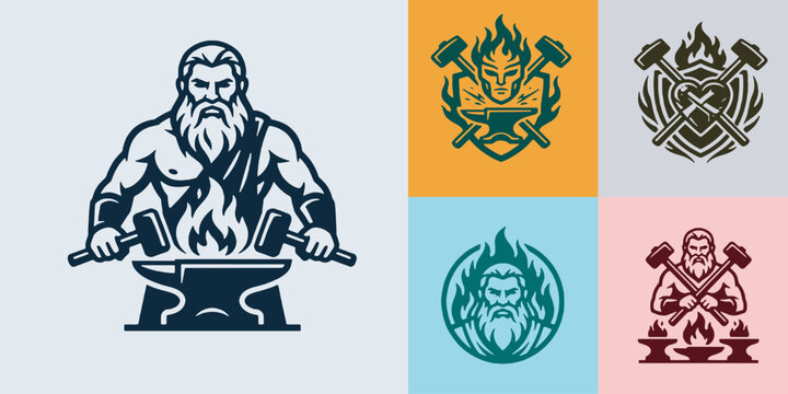 Collection of stylized blacksmith logos featuring a muscular bearded man, hammers, and anvils with flames.