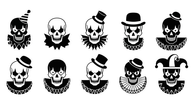 Skulls wearing various hats and collars.