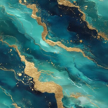 Abstract liquid background with transformative teal and shiny metallic gold foil. Modern fluid pattern in trendy colors resembling tempera and oil canvas painting