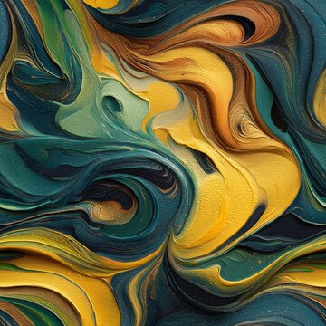 Abstract liquid background with transformative teal and shiny metallic gold foil. Modern fluid pattern in trendy colors resembling tempera and oil canvas painting