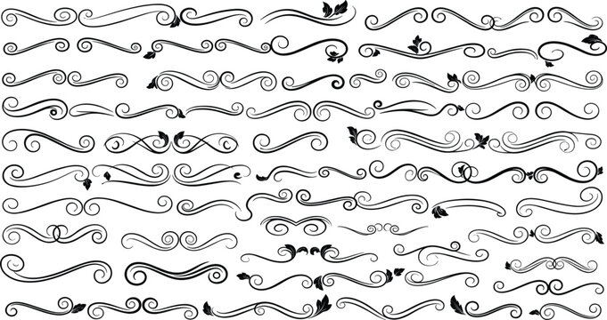 Large collection of vintage decorative flourishes hand drawn elegant swashes scroll dividers and ornamental vignettes for wedding invitations and luxury branding projects.