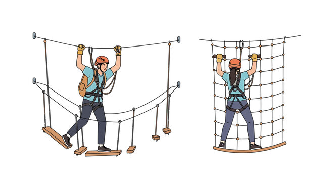 Campers wearing safety gear navigate obstacle course with ropes and nets outdoors