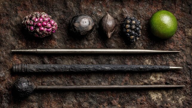 Assortment of ancient and natural objects displayed upon a textured stone surface