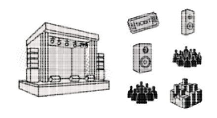Fototapeta premium Pixel art illustration of a concert stage with speakers and crowd silhouettes