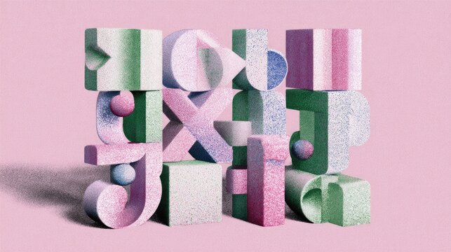 Stacked assemblage of abstract geometric forms displays varied textures and pastel coloration against a soft background