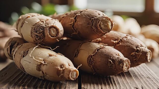 Pile of galangal root on a wooden surface, ideal for food blogs, culinary magazines, spice packaging designs, herbal recipe websites.