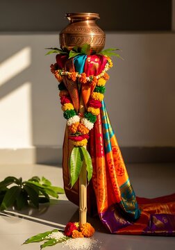Traditional statue adorned with vibrant ceremonial decorations and a brass pot on its head