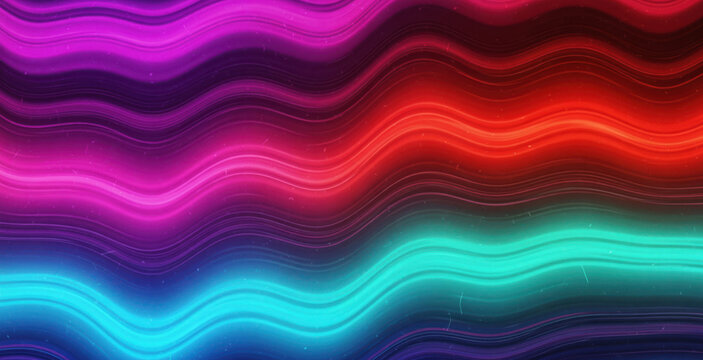 Music title card with flowing neon wave stripes for concert promo headline, streaming channel cover and show announcement layout using pink red and aqua light bands across a wide frame