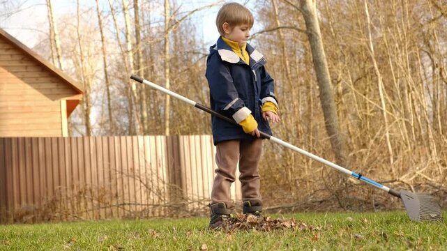 Boy Raking Up Autumn Leaves at the Home Backyard. Fall season. Seasonal garden yard work outside. Busy blonde child helps to mom gardening autumnal lawn. Cute kid learn planting. Young Raker. Chores.
