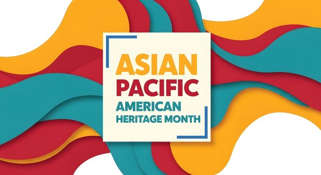 Asian Pacific American Heritage Month title displayed centrally inside a white square frame against colorful abstract background layers.