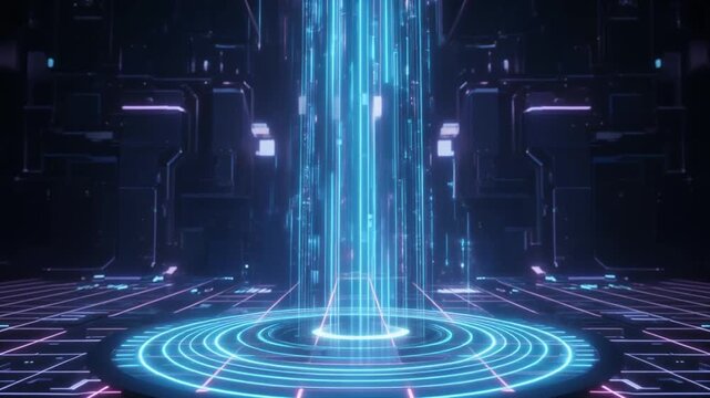 Futuristic Blue Light Beam and Data Portal in Dark Technology Space