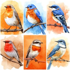 Obraz premium Collection of Six Bird Watercolor Illustrations Featuring Robin, Blue Jay, Cardinal, Swallow, Finch, and Hummingbird in Warm Backgrounds