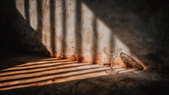 Sunlight streams through vertical bars creating dramatic shadow patterns across a corner with a crystal goblet