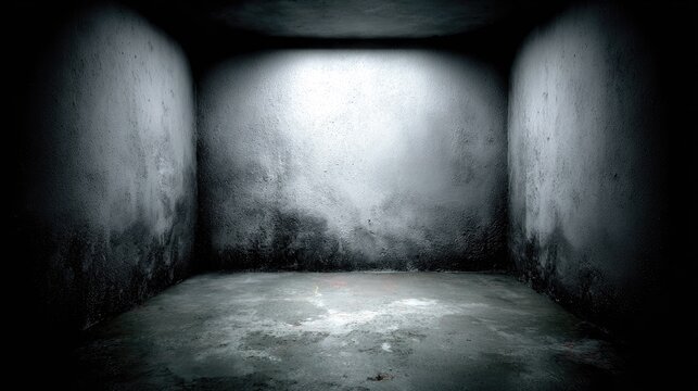 Grungy, dimly lit concrete room corner illuminated by a single light source overhead