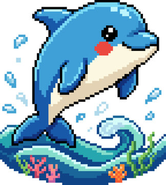 Blue dolphin jumping ocean wave pixel art sea life underwater graphic