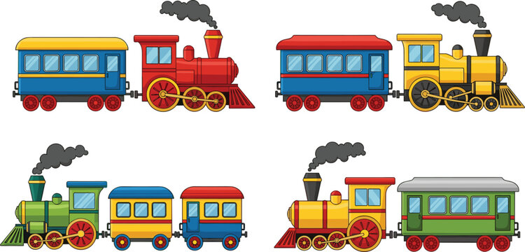 Cartoon train vector set with colorful locomotives, passenger wagons and steam engines in playful flat illustration style