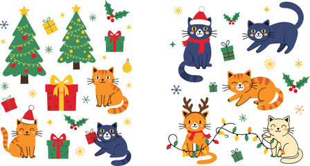 Fototapeta premium Christmas cats and holiday decorations vector set with cute kittens, gifts, Christmas tree and festive elements in flat illustration style