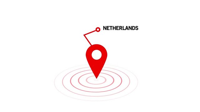 Netherlands location map pin, GPS navigation pointer concept, global destination marker , travel and geography , digital world location , on Black Background and features 4k Motion video