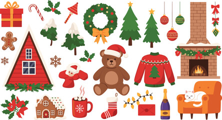 Fototapeta premium Christmas cozy home vector set with fireplace, sweater, teddy bear, tree, gifts and festive decorations in flat style