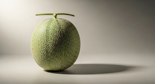 A round Japanese cantaloupe with a distinctive pale green, net-like textured rind and a T-shaped stem.