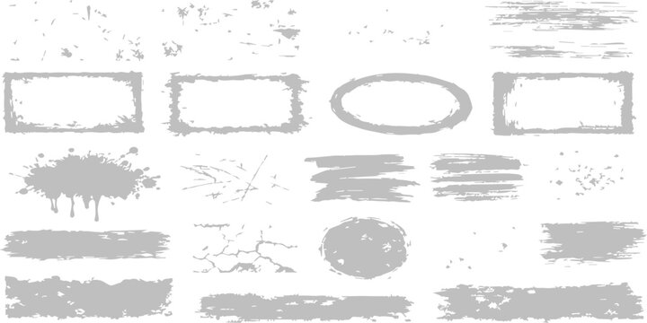 A set of vintage black grunge rubber stamps featuring ink splatters and textured paint strokes on a decorative vector border design with a dirty paper illustration element