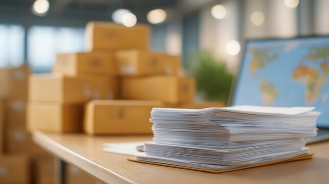 Freight forwarder stamping bill of lading documents in cluttered office, world map with shipping routes marked, export cartons awaiting customs clearance stacked behind desk, ideal for