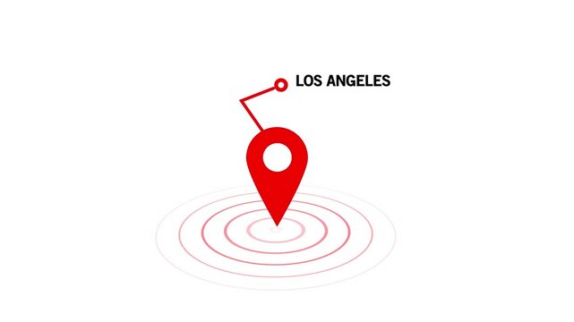 Los Angeles location map pin, GPS navigation pointer concept, global destination marker , travel and geography , digital world location , on Black Background and features 4k Motion graphics