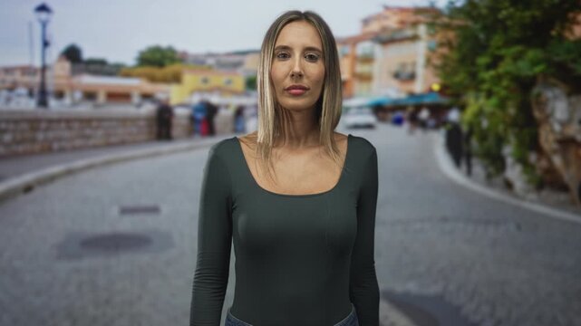 Woman showing collarbone wearing dark scoop neck top standing on a cobbled street looking to the side; contemplation urban solitude.