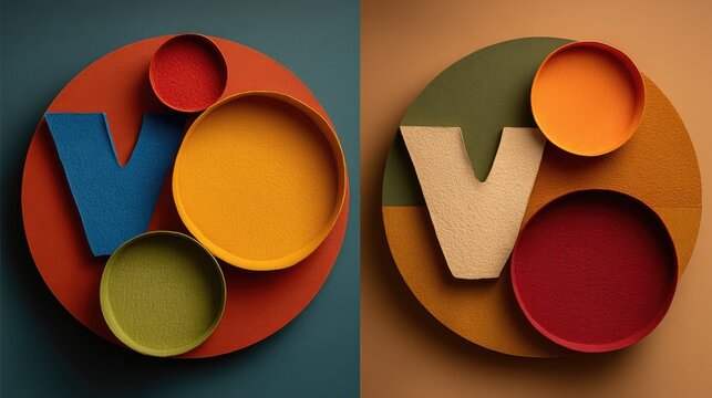 Symmetrical composition features two letter 'V' forms surrounded by colorful circular containers against contrasting backgrounds.
