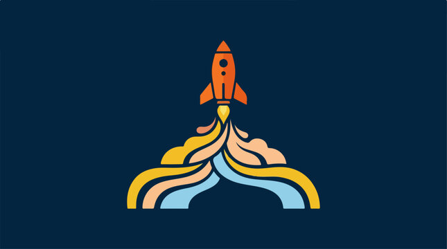 Orange rocket ship launching with colorful flames on dark blue background.